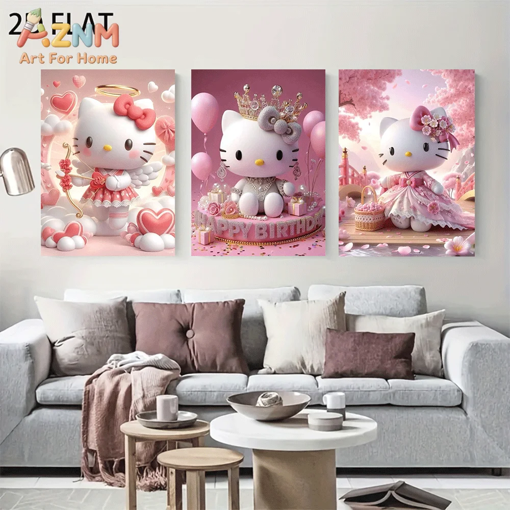 AZNM Sanrio Hello Kitty Canvas Wall Art Unframed Cute 3D Style Pink Birthday Crown Angel Sakura Theme Print Painting Girls Bedro