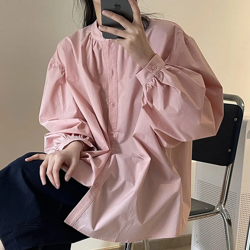 Schickes, einfaches Stehkragen-Einzelknopf-loses Laterne Sve Color irt Damen Faion Autumn Pink Vielseitiges Top
