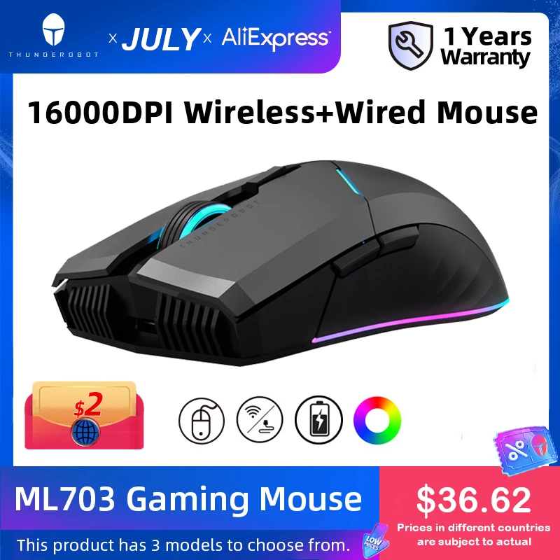 ThundeRobot ML703 ماوس الألعاب اللاسلكية 16000 ديسيبل متوحد الخواص 1000mAh RGB Gamer قابلة للشحن السلكية 2.4G فأرة للحاسوب النقال الكمبيوتر الألعاب