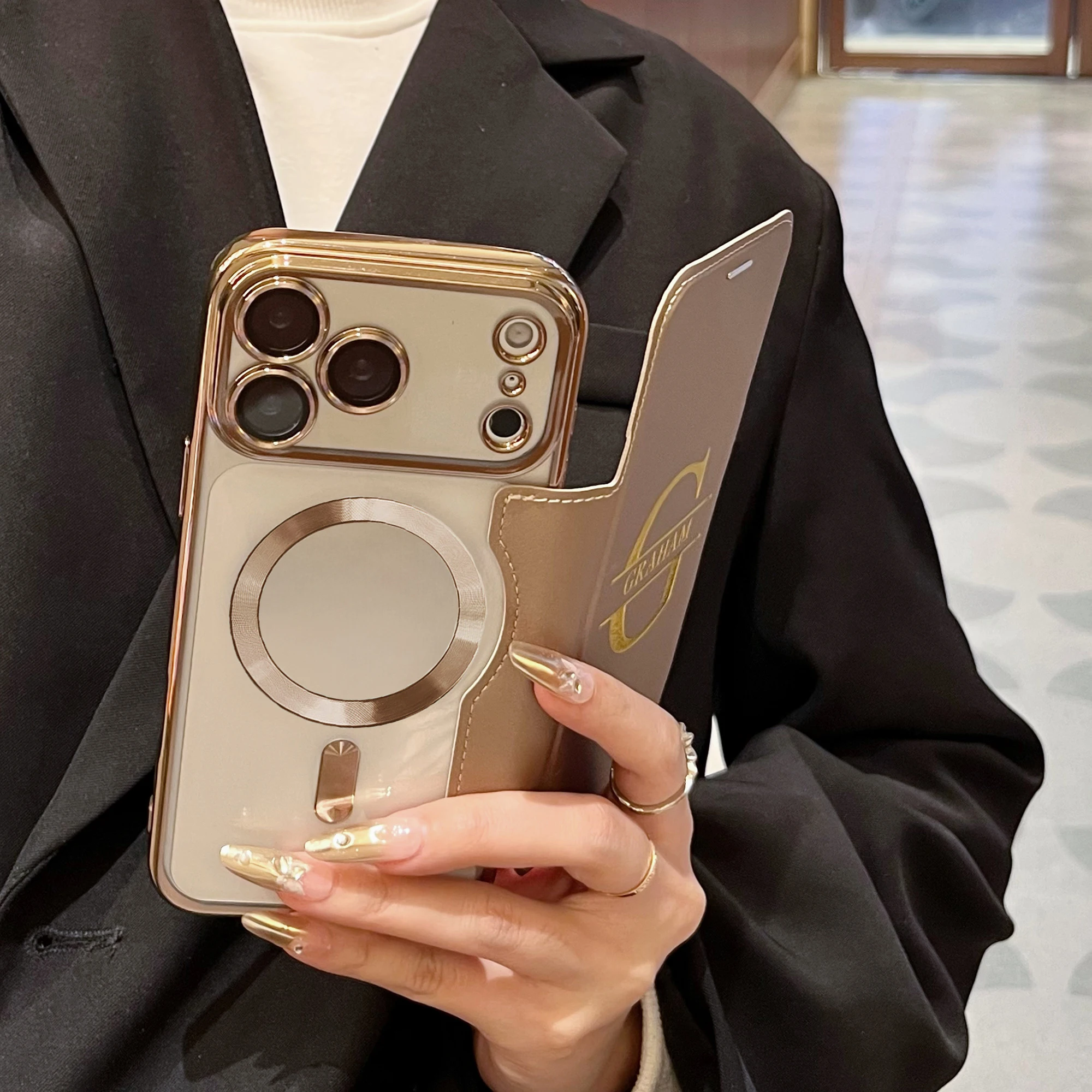 

Luxury Flip Insert Card Magnetic Wireless Charging Case for iPhone 17 16 15 14 13 Pro Max Air Custom Big Letter Faux Leather