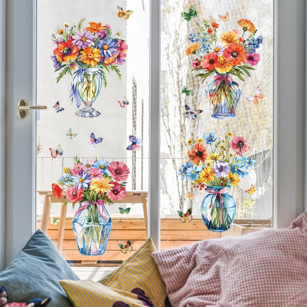4PCS Watercolor Flower Vase Couplet Painting Glass Window Home Beautify Decoration Electrostatic Uv Window Sticker