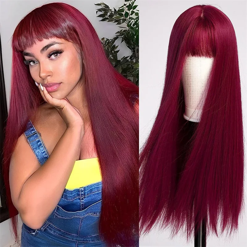 European and American fashion wig, women's red long straight hair, split center, simulated scalp long hair full head cover