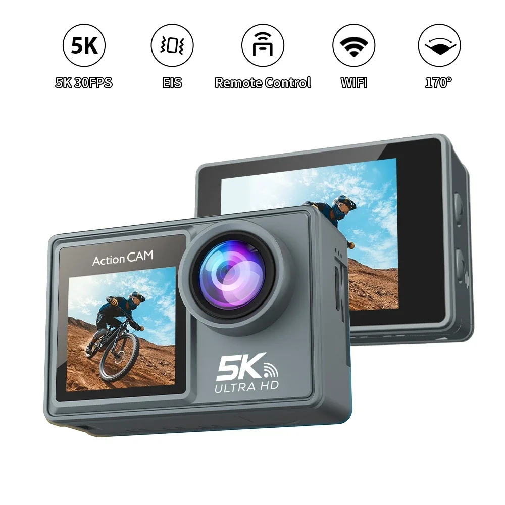 Action Camera 4K60FPS Dual IPS Touch LCD WiFi 170° 30M Waterproof 5X Zoom Anti-shake Sports Camera with Remote Control Newest