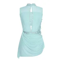 Vestido de baile de patinaje artístico para mujer, apliques de flores, leotardos, traje de baile lírico, sin mangas, sin espalda, vestido superpuesto de malla transparente