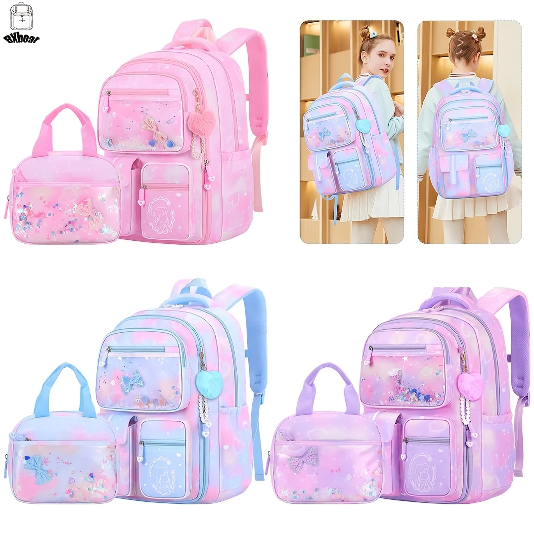 

2pcs Bxboat Large Capacity Girls' Backpack with Lunch Box Pocket & 15.6" Laptop Compartment - Cute Bowknot Design, Multiple Pockets, Durable Fabric School Backpack for Teen Girls, Travel & Outdoor (Pink & Blue), Girls' Backpack, for Teenager