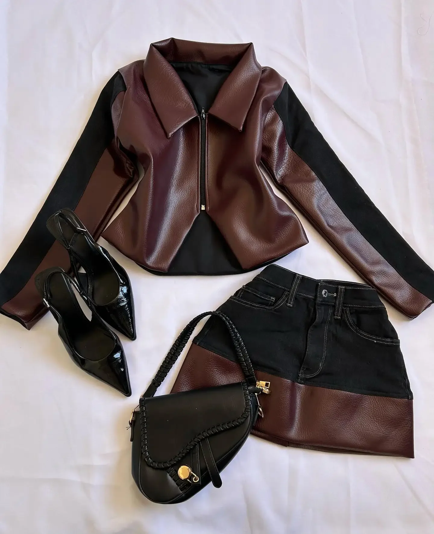 

Y2K новый сращенный ​ ​ Сплошной кожаный джинсовый костюм, женский коричневый пиджак на молнии и юбка из искусственной кожи, двухцветный дизайн, костюм в стиле ретро, классические юбки