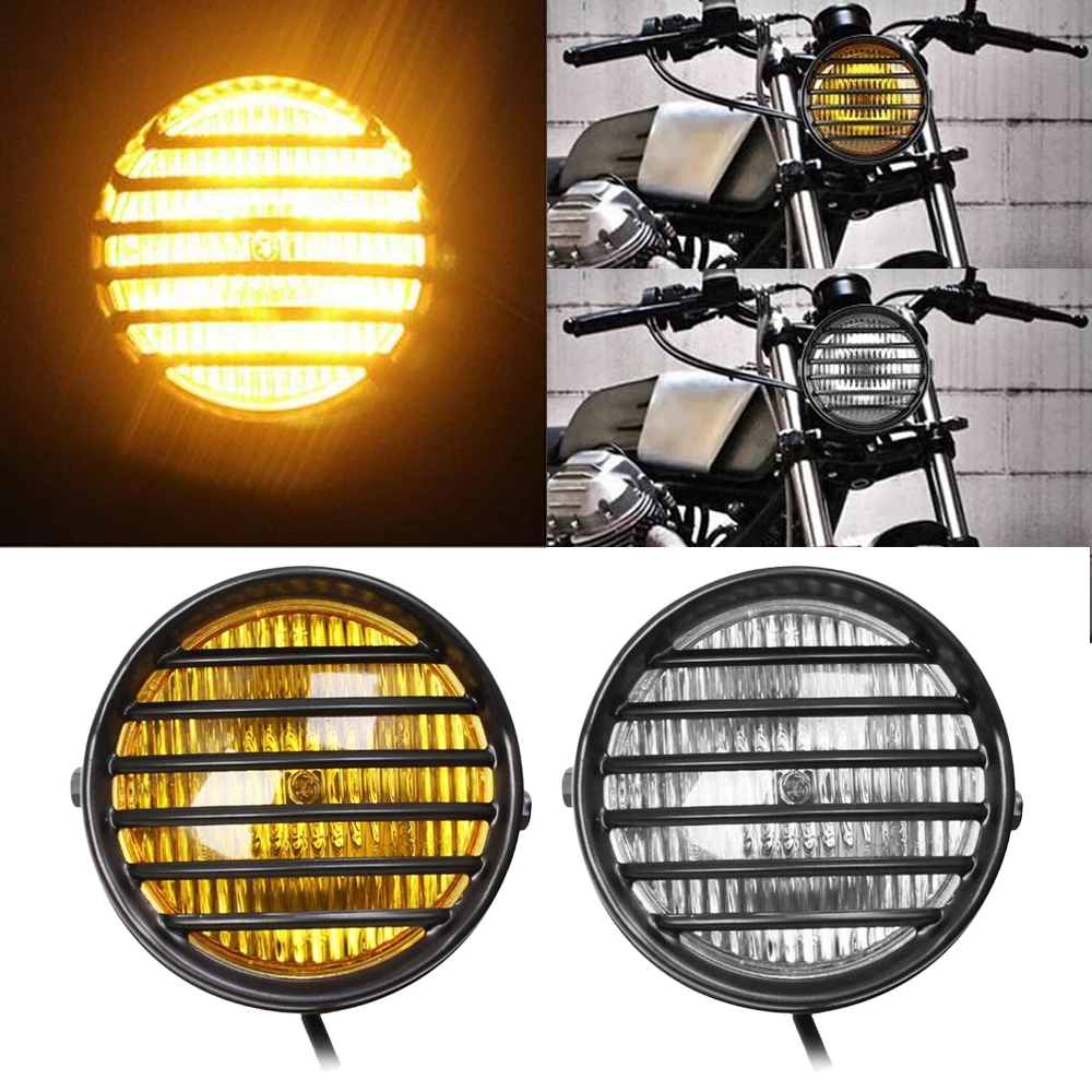 Black Retro Headlight Round Motorcycle Grill Headlight Motorbike Retro Headlights with Bracktes Motor Moto Scooter