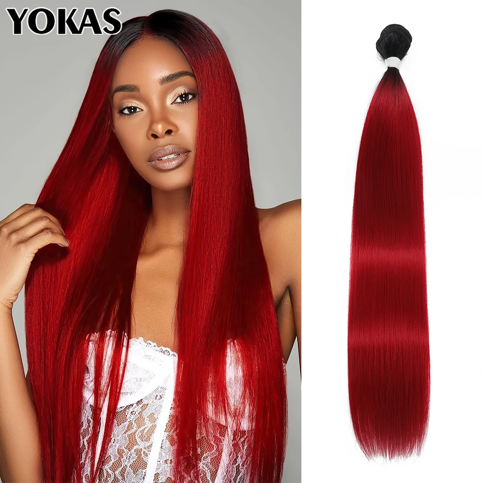 Extensiones de cabello de fibra de alta temperatura para mujer, mechones de cabello sintético, recto, rojo degradado, 26 pulgadas