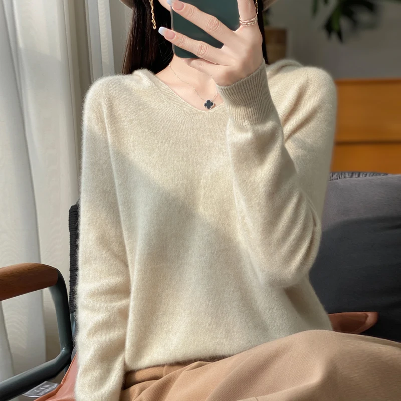 First line ready to wear 100% wool sweater women's hooded sweatshirt V-neck seamless cashmere sweater knitted base sweater