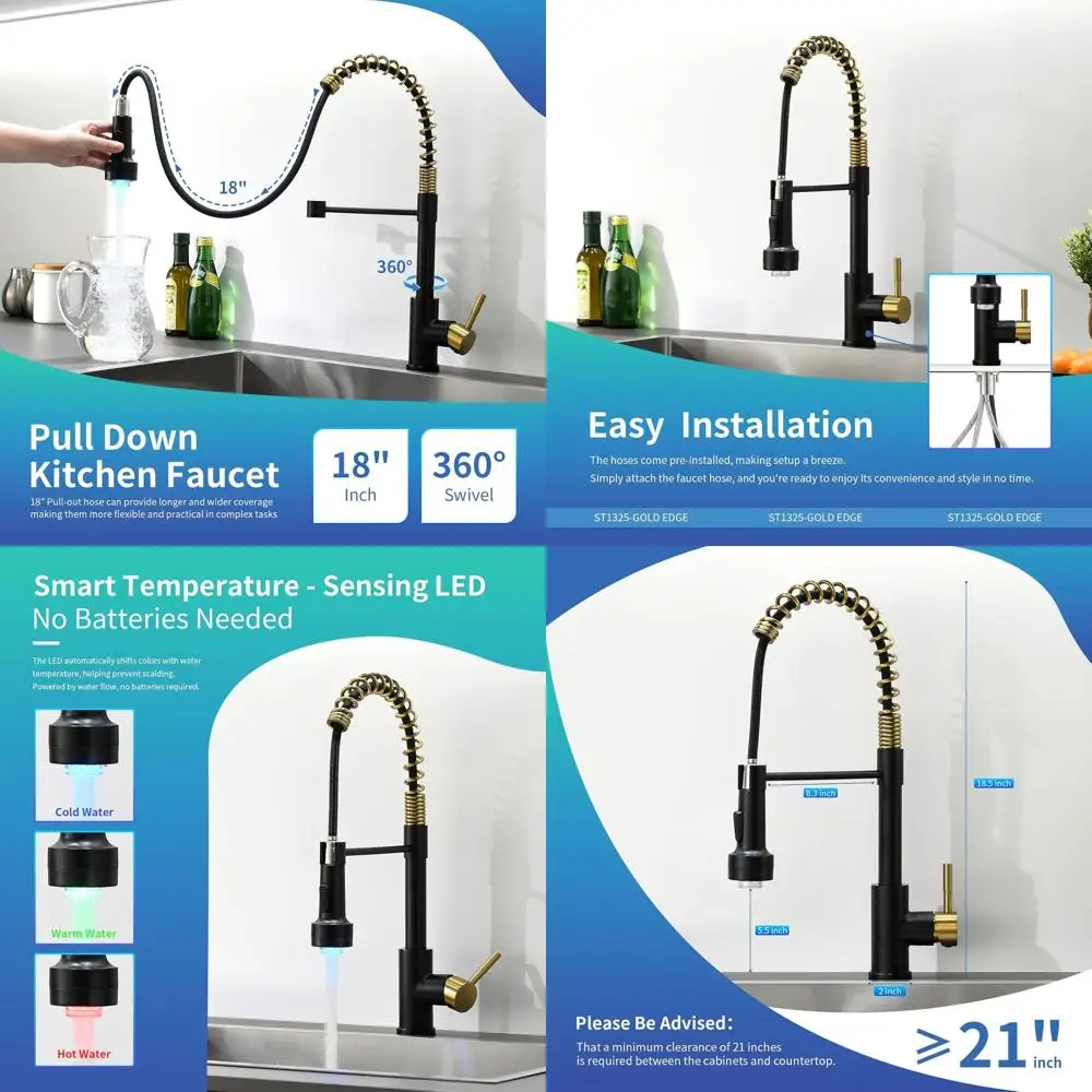 

Stainless Steel LED Kitchen Faucet with Pull-Down Spray, Black & Gold, 1-Hole, Ideal for Farmhouse, RV, Laundry, Outdoor, Camper