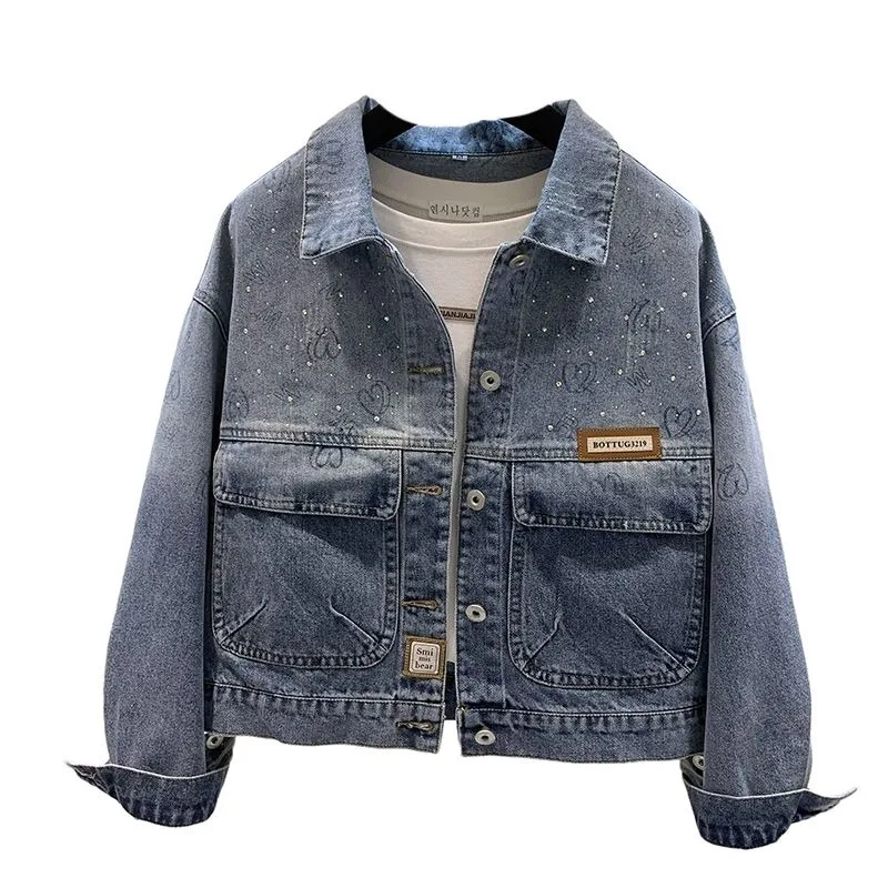 

Women's Short Denim Jackets Fashion Female Casual Long Sleeve Lapel Solid Button Pocket Slim Jean Jacket Fall Winter Coat 2023