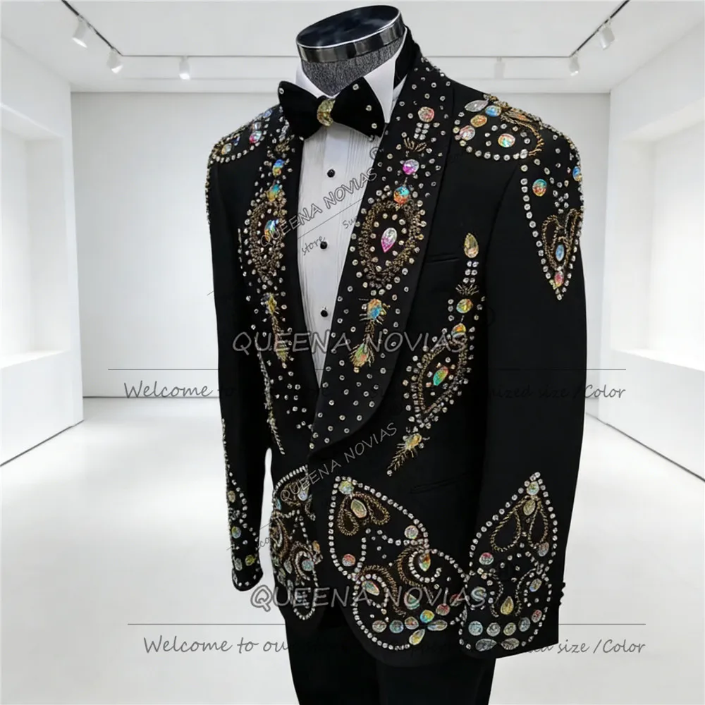 

Мужской модный костюм с камнями из бисера, наряд для свадьбы, шаль, этикетка, блейзер для выпускного вечера, индивидуальный смокинг для банкета жениха, костюм из 2 предметов Homme