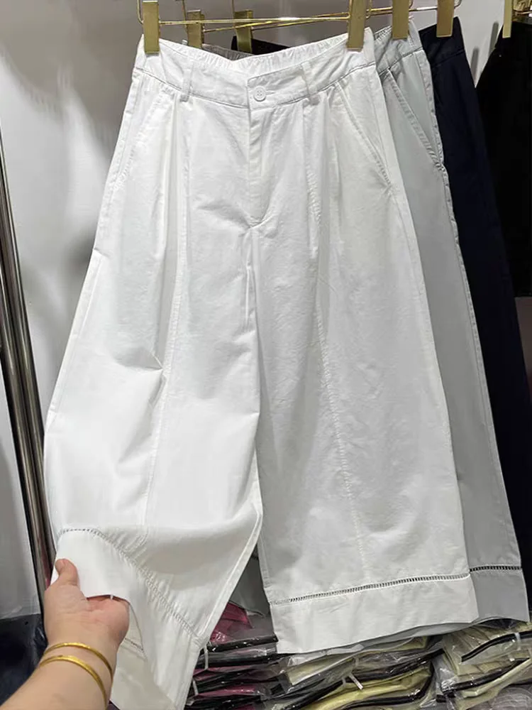 Hohe Taille Gerade Bein Casual Hosen frauen aushöhlen Spleißen Breite Bein Neun Punkte Dünne Sommer Neue Sle Koreanische Version