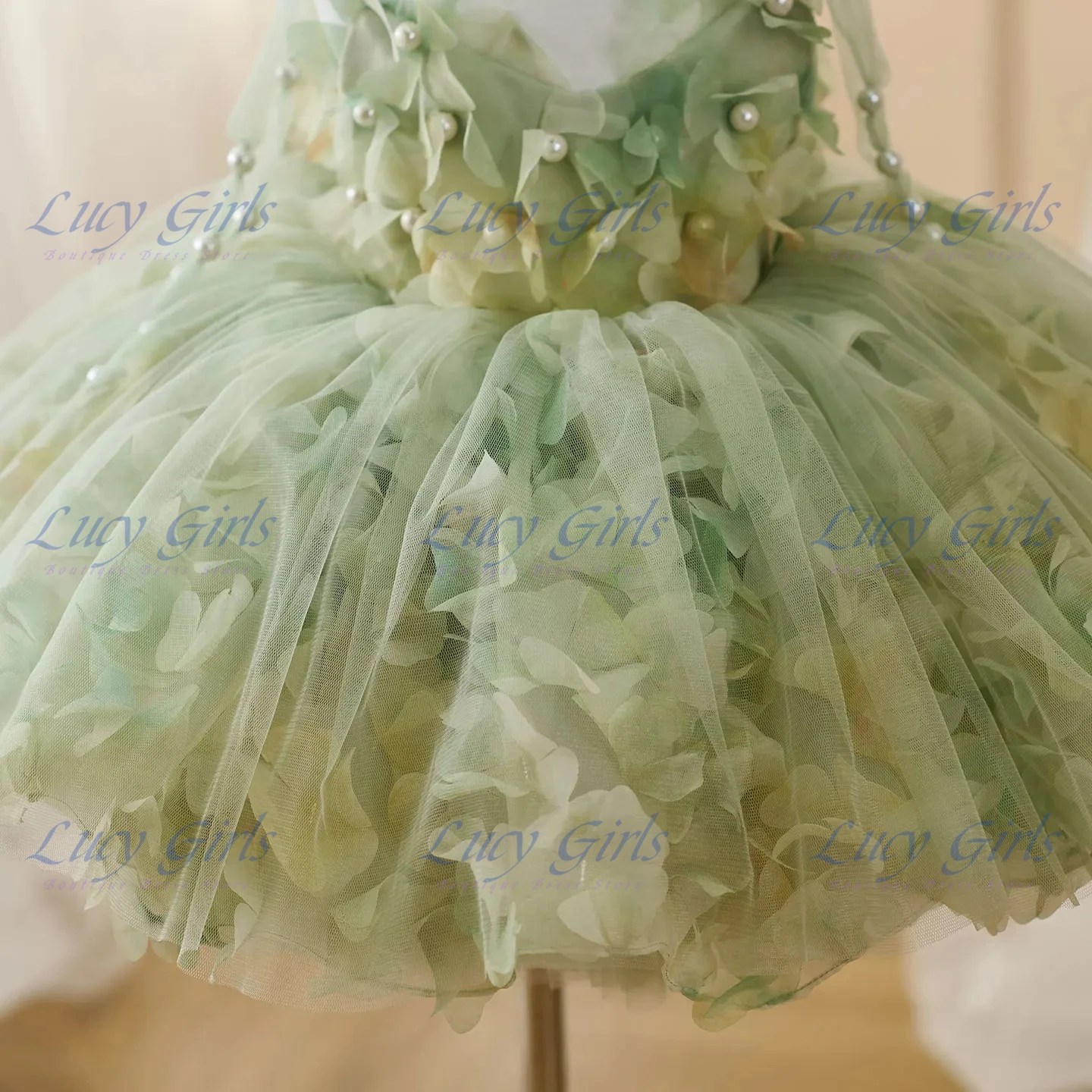 Lovely Quality Sage Green Or Pink Flower Girl Dresses with Hairband Pearls for Baby Kids Wedding 1st Birthday Pageant Party Gown - view 6