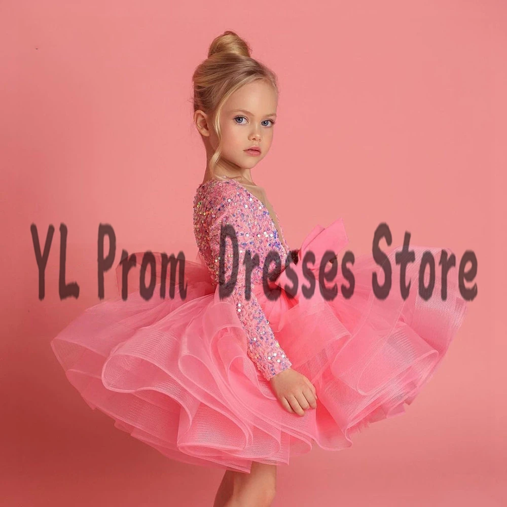 YL Sparkly Sequined Long Sleeve Flower Girl Dresses Puffy Illusion O-Neck Birthday Party Dress Mini Length Bow فساتين حفلات