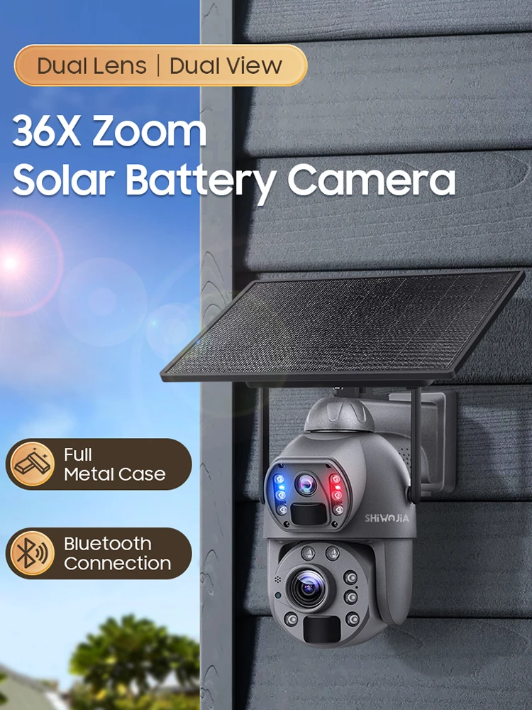 SHIWOJIA Kamera solarna 4G SIM z 36-krotnym zoomem, 12MP, zewnętrzna, 360 stopni °   Bezprzewodowe kamery bezpieczeństwa WIFI zasilane bateriami, z panelem solarnym i noktowizorem PIR — zdjęcie 2