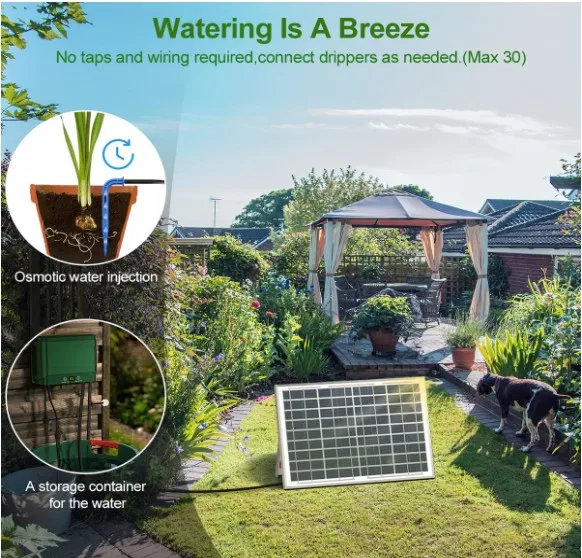 Dispositivos de rega automática solar para plantas, sistema de irrigação para plantas no varanda, cama de plantas e casa verde