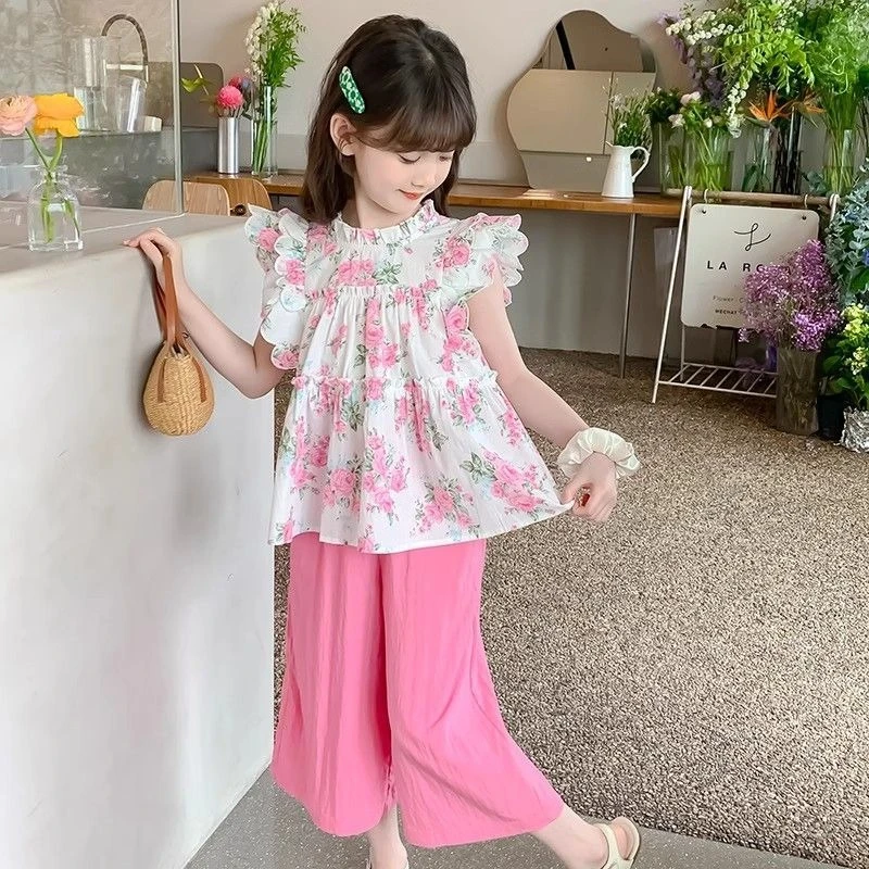 Girls Summer Blouse 2026 Design Floral Print Sleeveless Top Kids Casual Ruffle Sleeve Shirt Cute Fashion for Baby Girl Age 2-8