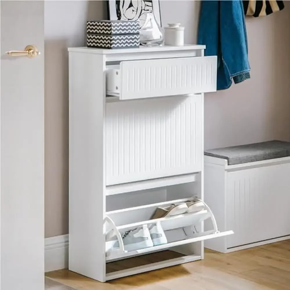 

Shoe Cabinet Storage Organizer with Drawer Flip-Drawers Modern Freestanding Slim Design Entryway Hallway Rack White 39"H