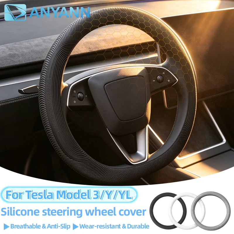 For Tesla Model 3/Y/YL All Season Silicone Steering Wheel Cover Anti-Slip Sweatproof Universal Round Car Interior Accessories