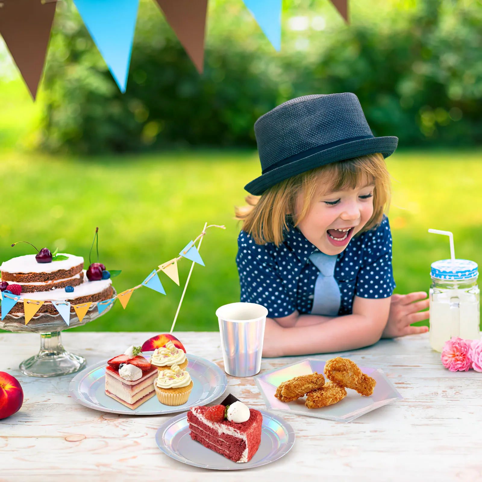 32 Pcs Holographic Paper Tableware 8 Inch Plates 95 Oz Tableware Paper Props Cups Birthday Party Food Grade Safe