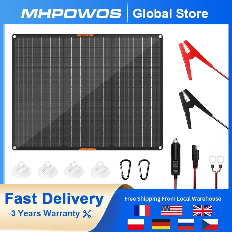 

MHPOWOS 50W Portable Solar Panel Waterproof Solar Trickle Charger For Car Boat Yacht RV Motorcycle 12V Battery Pack Power Panel
