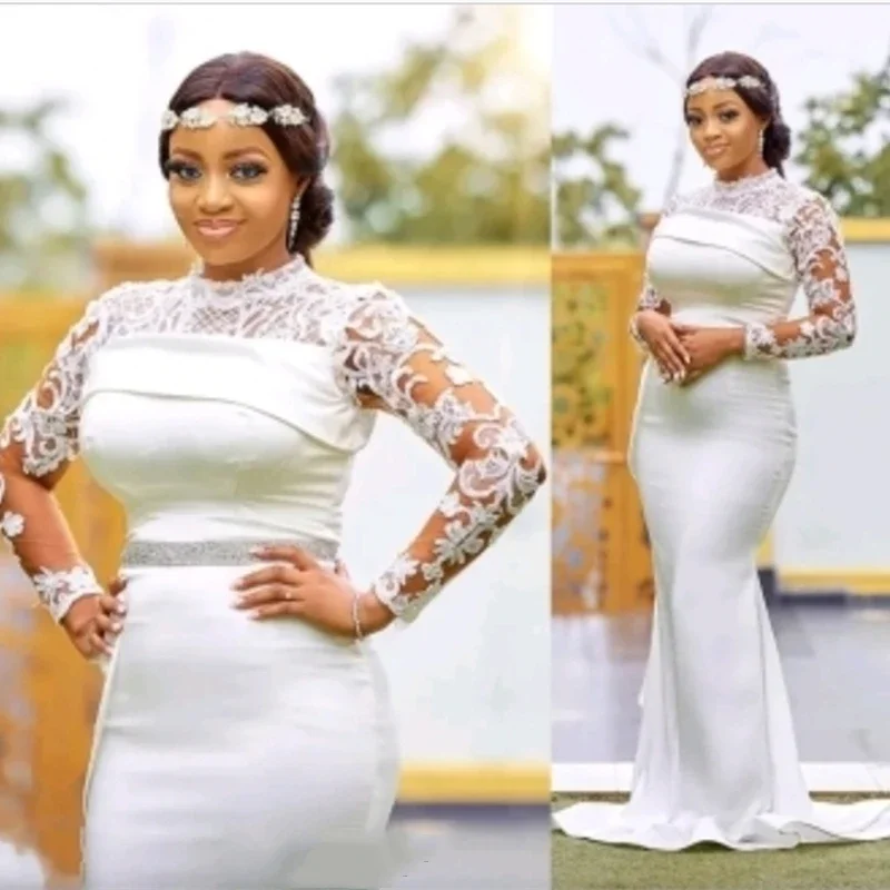High Neck Lace Long Sleeve Mermaid Wedding Dress White Satin Bridal Gown Rhinestone Waistband Fitted Skirt With Train Customized