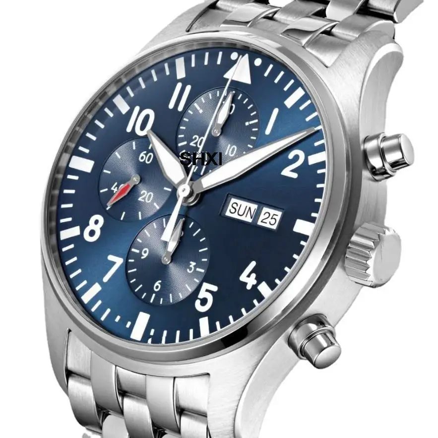 SHXI Mens Sport Watch Pilot’s Watches le Petit Prince Blue Dial Stainless Steel Bracelet 43mm