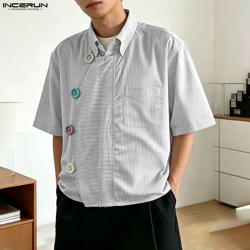 INCERUN Herren Gestreiftes Hemd mit Revers Kurzarm Locker Sitzende Herrenbekleidung Farbenfrohe Knopfhemden Streetwear Sommer 2026 Modische Lässige Oberteile