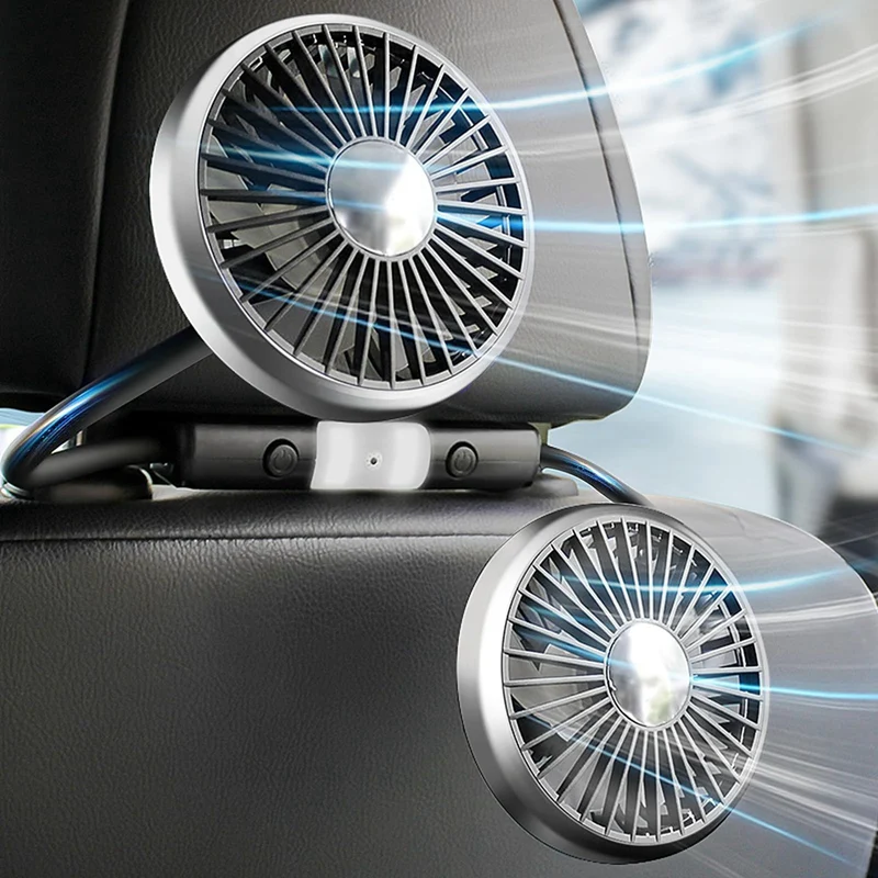 Car Fan For Backseat, Dual Head Hose Car Seat Fan With Led Lights, Portable USB Fan For Car, 3 Speeds Cooling Car Fans