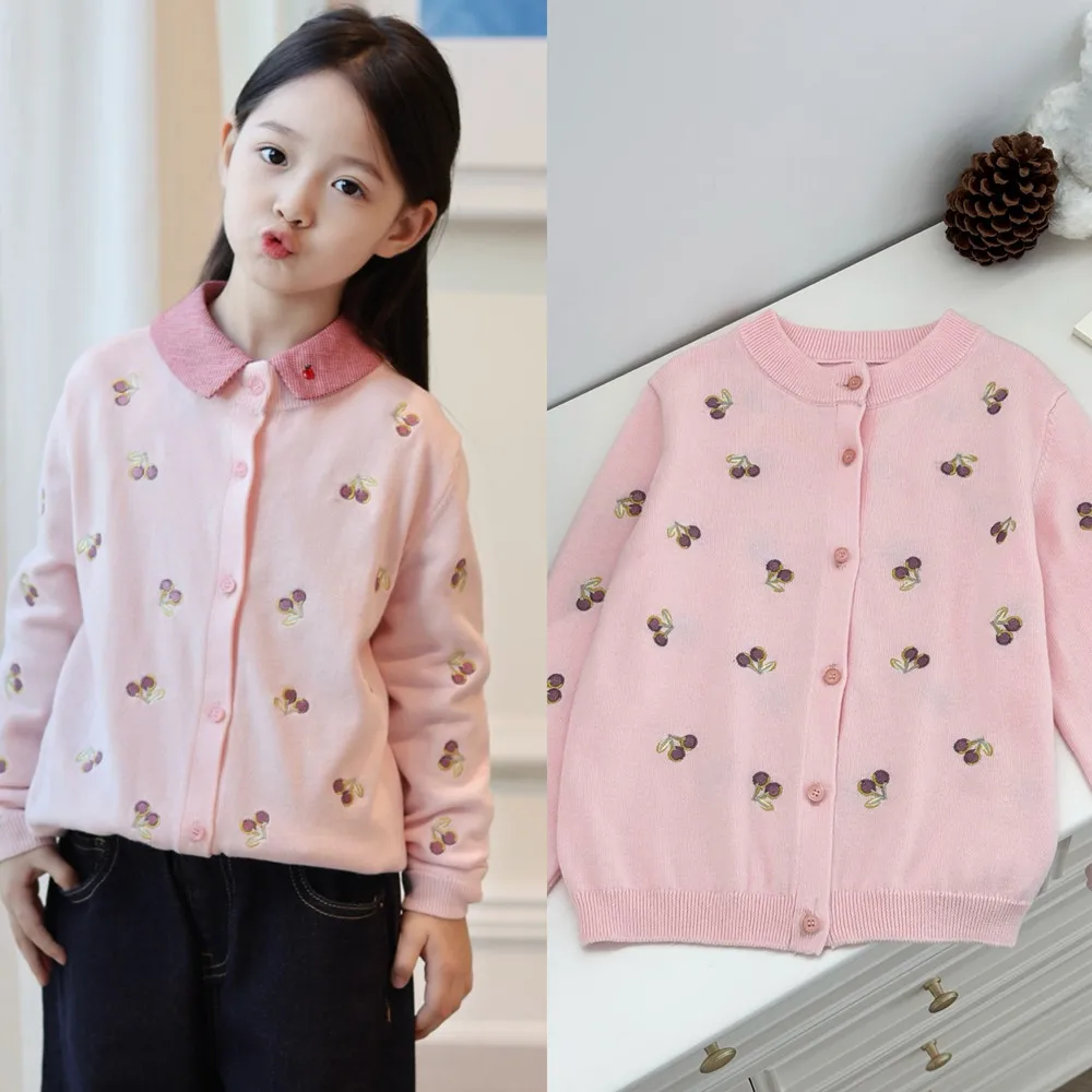 kids clothes girls Cherry pattern embroidery Sweet pink cardigan girls clothes spring baby knitted coat