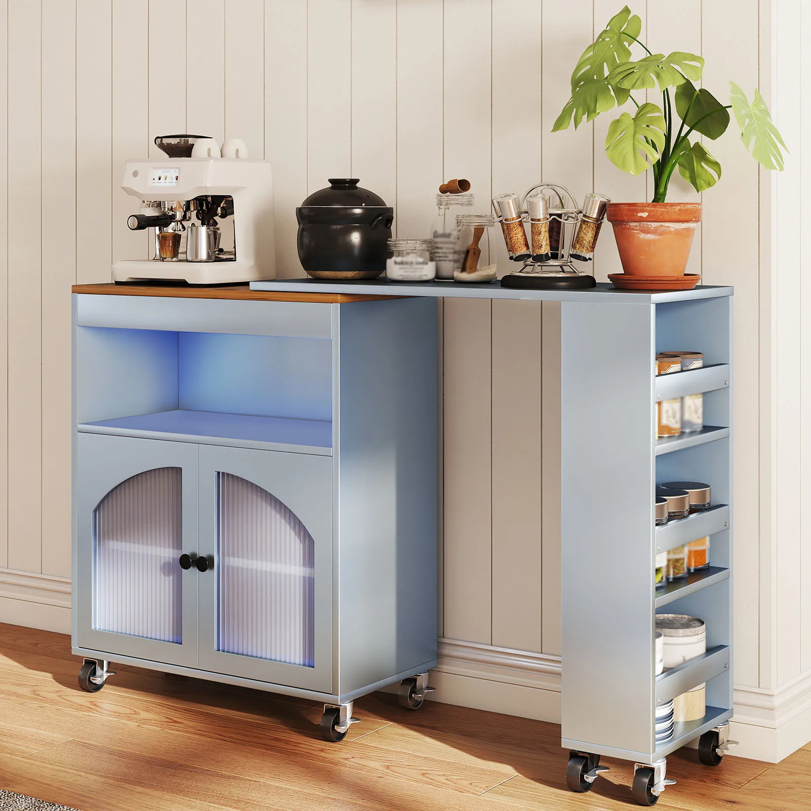 جزيرة المطبخ المتداول مع مساحة تخزين على عجلات مع منافذ طاقة بإضاءة LED، طاولة ممتدة MDF، عربة تخزين المطبخ الدوارة #1