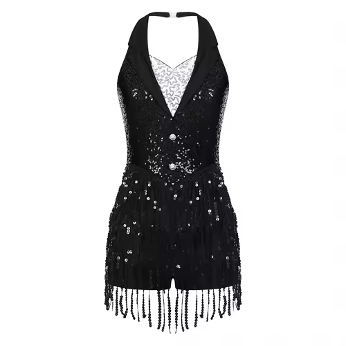 Women Modern Dance Dress Performance Costume Shiny Sequins Sleeveless Latin Jazz Tango Salsa Dance Leotard Bodysuit Dress Outfit - Image 9