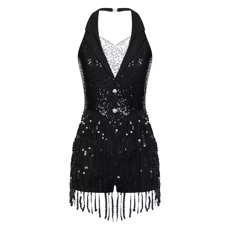 Women Modern Dance Dress Performance Costume Shiny Sequins Sleeveless Latin Jazz Tango Salsa Dance Leotard Bodysuit Dress Outfit - Image 9