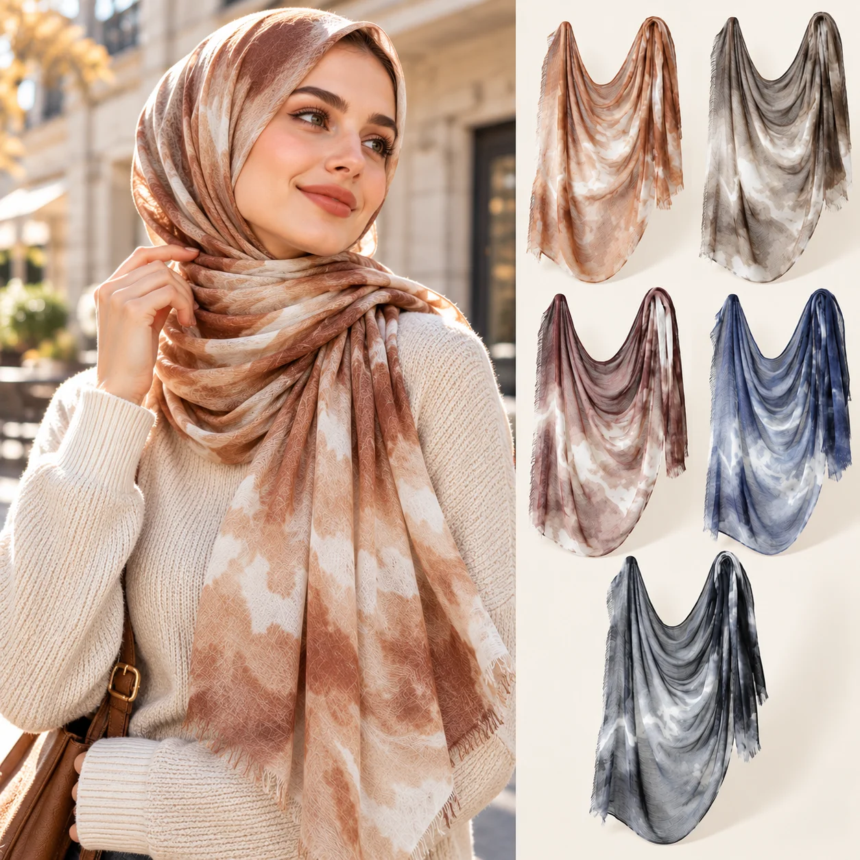 New Style Scarf: Gradient-Dyed Striped Headscarf, Retro and Versatile Printed Women's Long Pleated Shawl for All Seasons