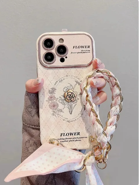 

High Quality Luxurious Phone Case For iPhone 17 15 14 13 12 16 Pro Max Camellia Protective Cover With Chain For iPhone 17Promax