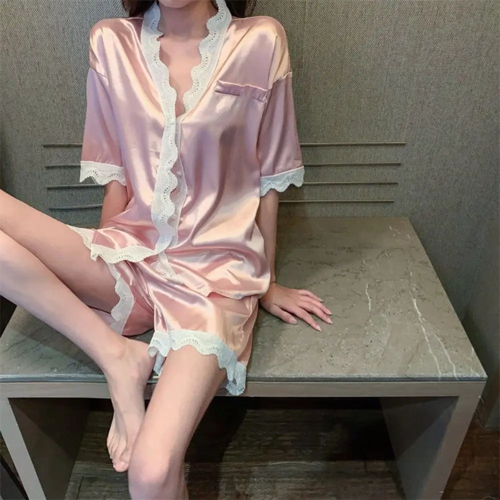 

Модный кружевной пижамный костюм из ледяного шелка, свободные милые короткие пижамы с v-образным вырезом и короткими рукавами, женская одежда для сна из двух предметов, летние комплекты одежды для сна