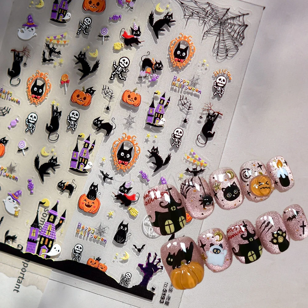 

1pcs 5D Black Cat Pumpkin Skull Halloween Nail Sticker Cute Cartoon Ghost Bat Panda Nail Decals Slider Halloween Nail Supplies_#