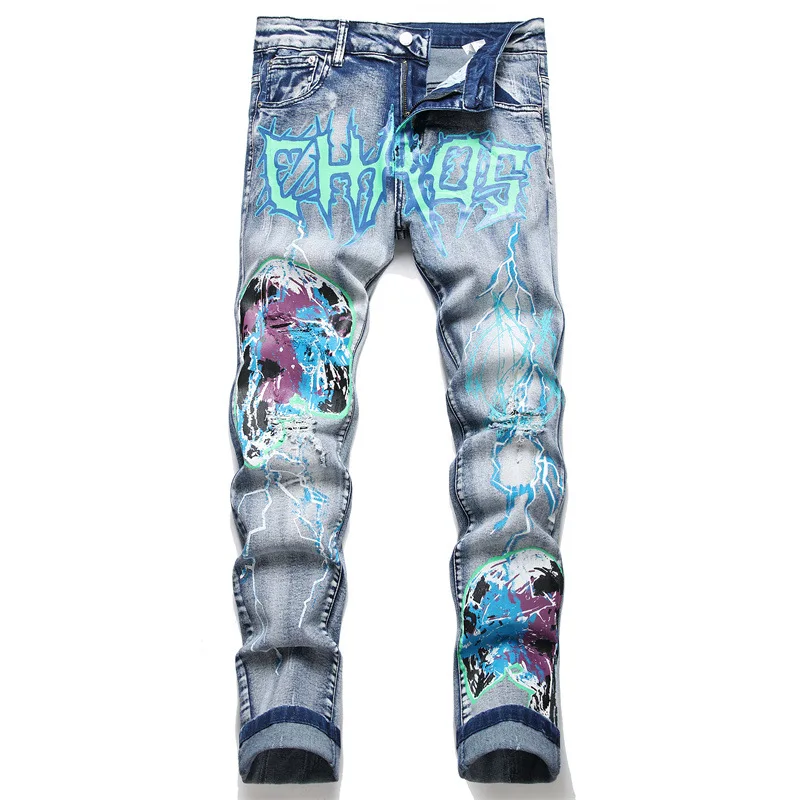 

Men Pattern Printed Jeans Trendy Letters Lightning Painted Stretch Denim Pants Vintage Blue Ripped Slim Tapered Trousers