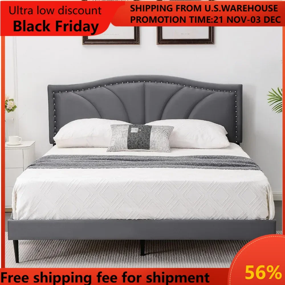 

Queen Size Bed Frame,Velvet Upholstered Platform Bed with Decorative Flower Line & Nailhead Trim Headboard with Wood Slat Suppor