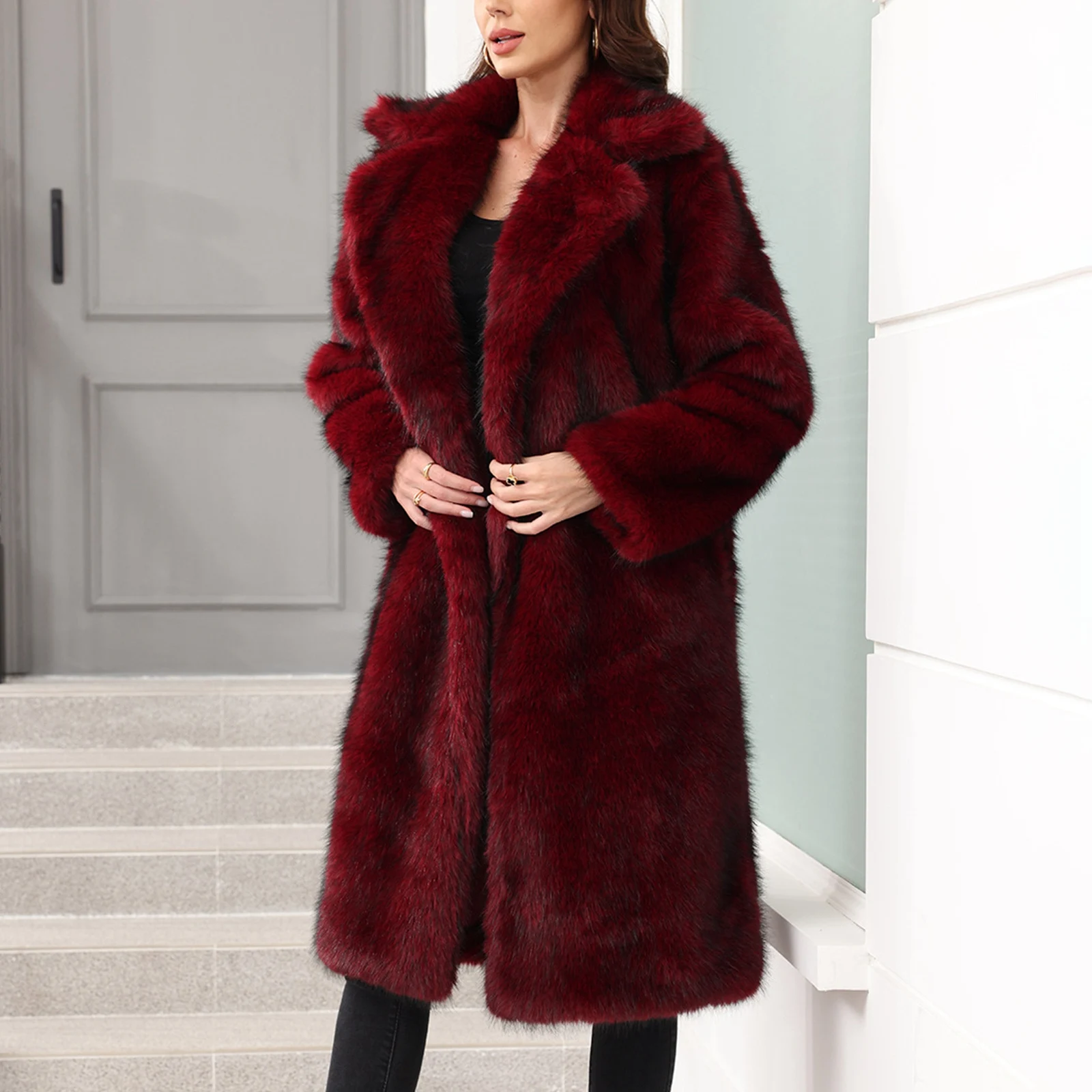 

Winter Women'S Fashionable Warm Long Sleeved Solid Color Lapel Fur Long Jacket Suitable For Outdoor Daily Leisure Wear