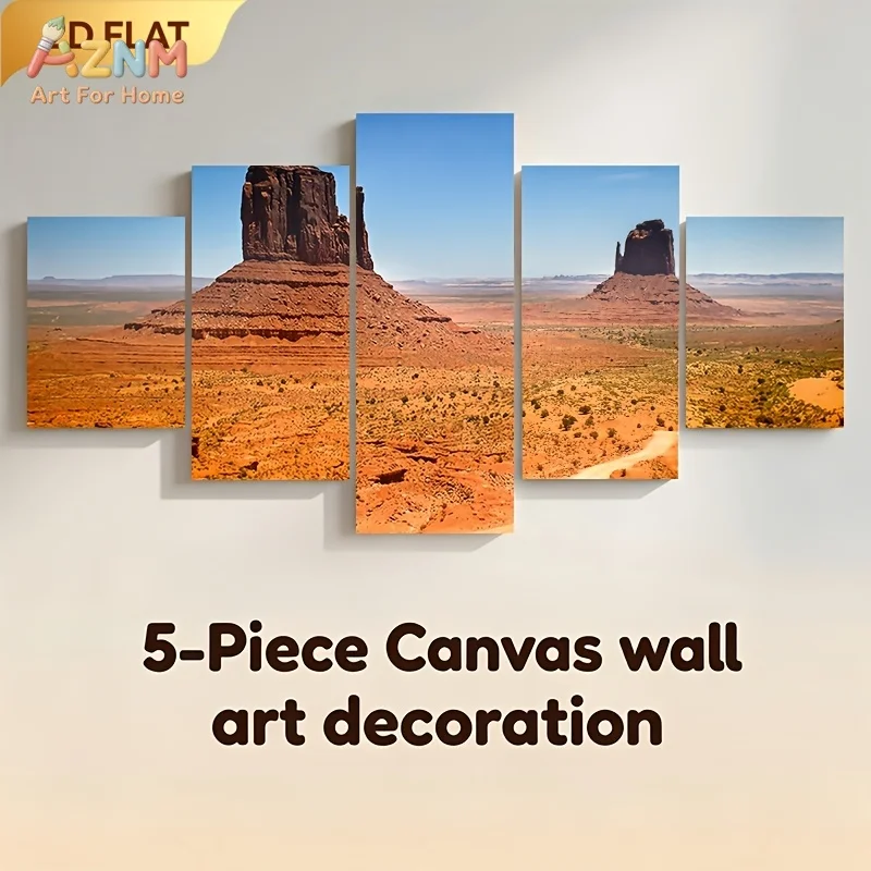 Affiches et impressions, Desert Monument Valley, 5 pièces d'art mural sur toile : paysages rocheux, plaines arides et vues sur les canyons - Parfait pour la décoration de la maison
