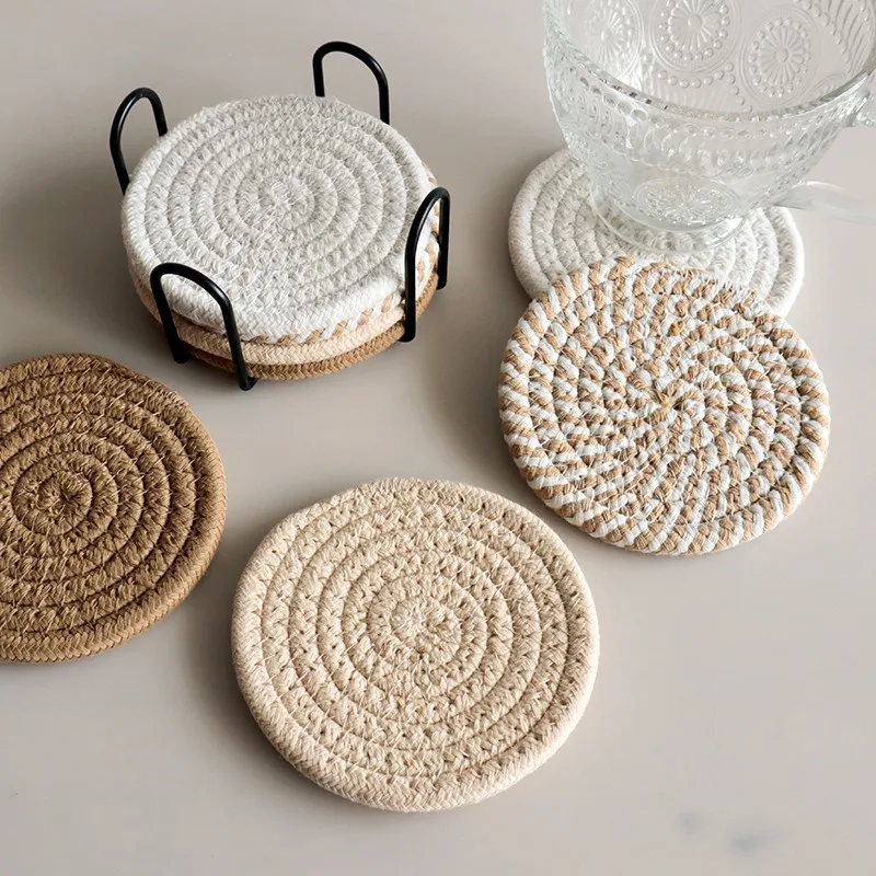 Concise Style Cotton Rope Woven Placemat Household Thick Insulated Coaster Hand Woven Cotton Linen Coaster With Storage Rack