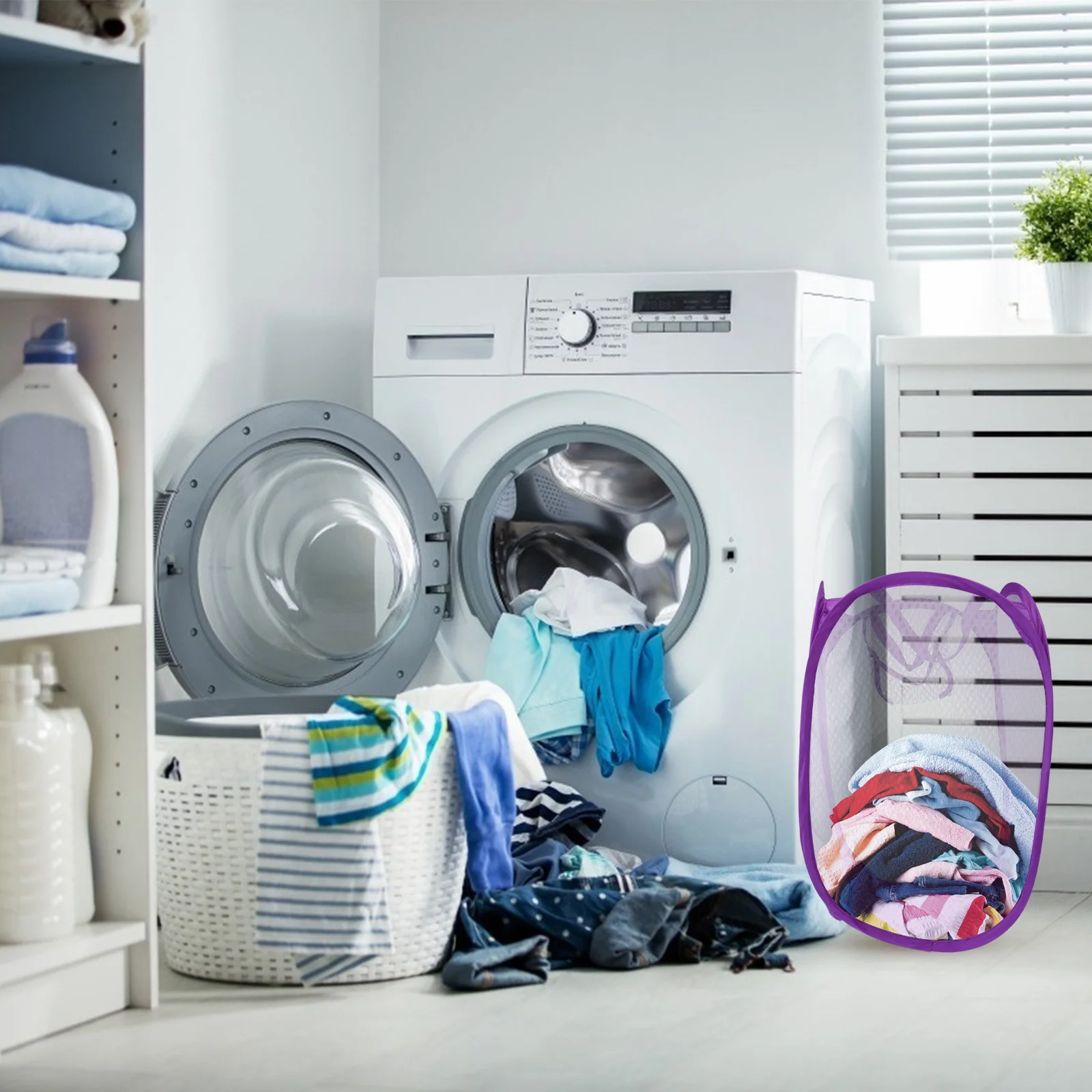 

Foldable Purple Mesh Laundry Hamper Pop-Up Design for College Dorm Small Apartment Camping Breathable Laundry Basket with Side