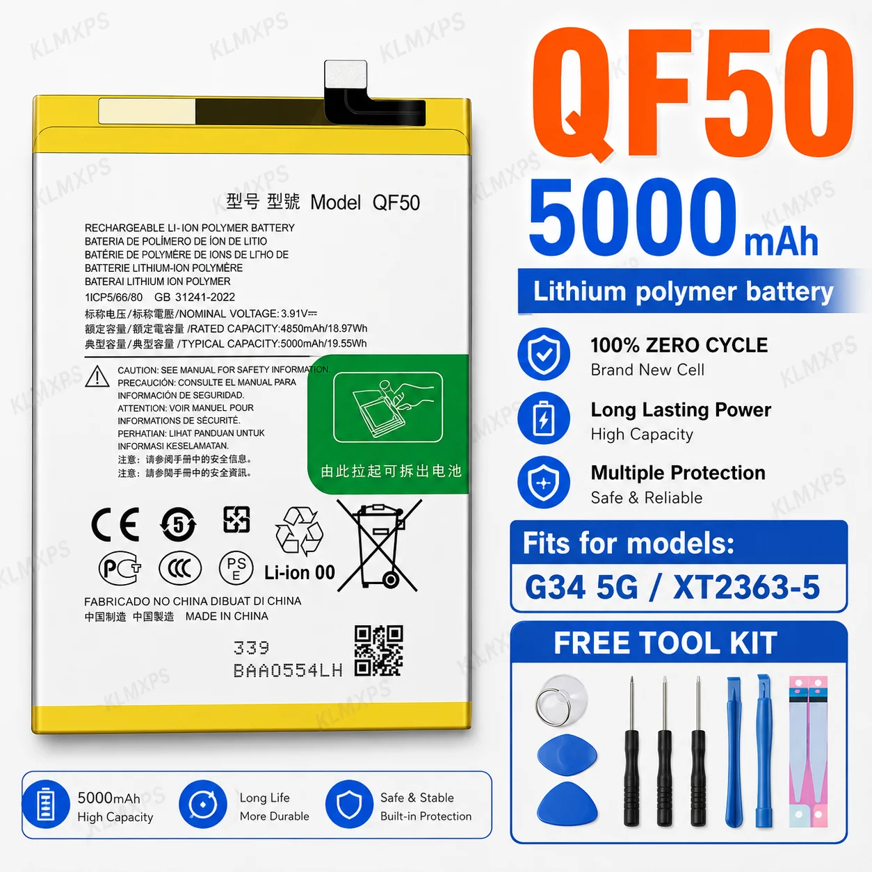 High Capacity Mobile Phone Battery QF50 Series for Motorola Moto G34 G60S G73 G20 G22 G42 G84 Smartphone