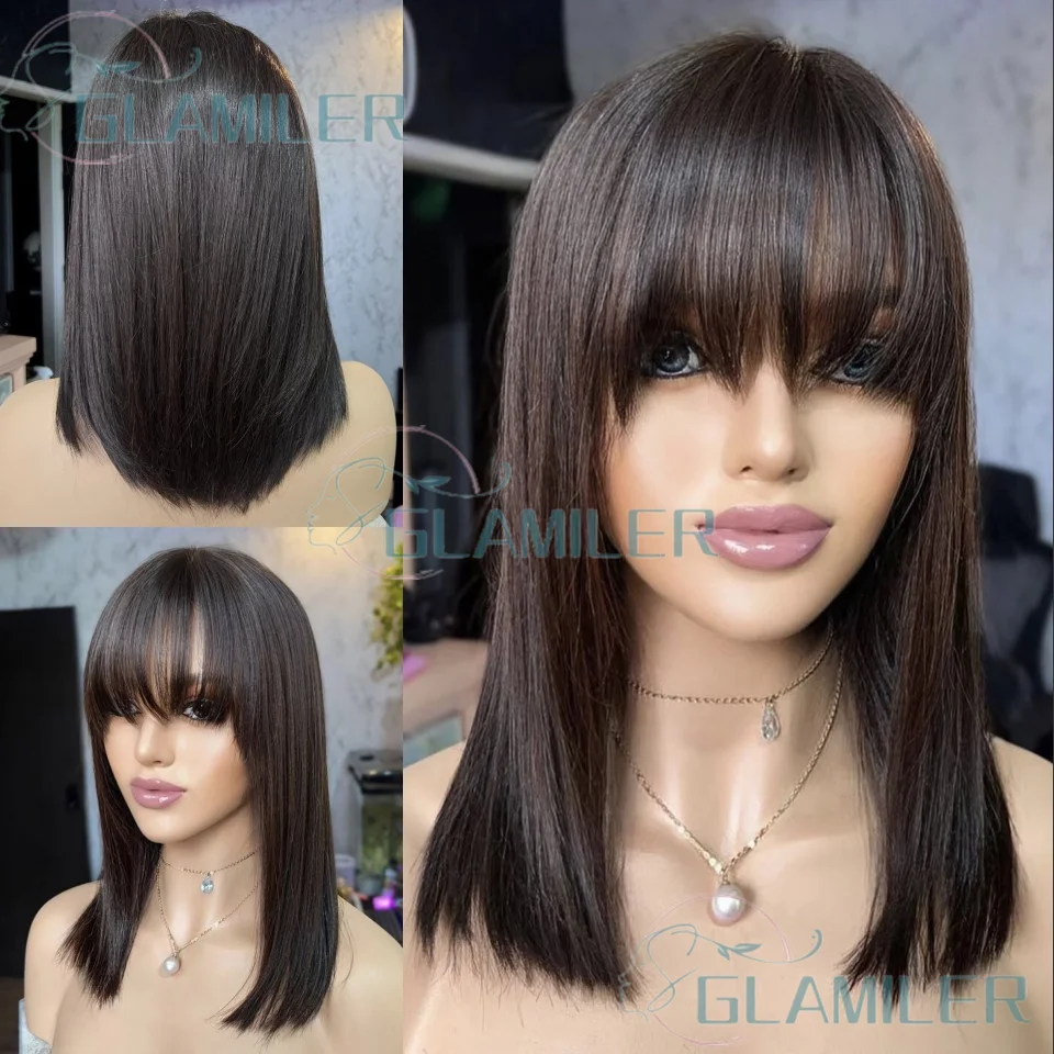 

Glueless Short Bob Human Hair Wigs With Bangs Natural Black Bleached Knots 5x5 Silk Top Closure Fringe Wigs 13x6 Short Bob Wigs