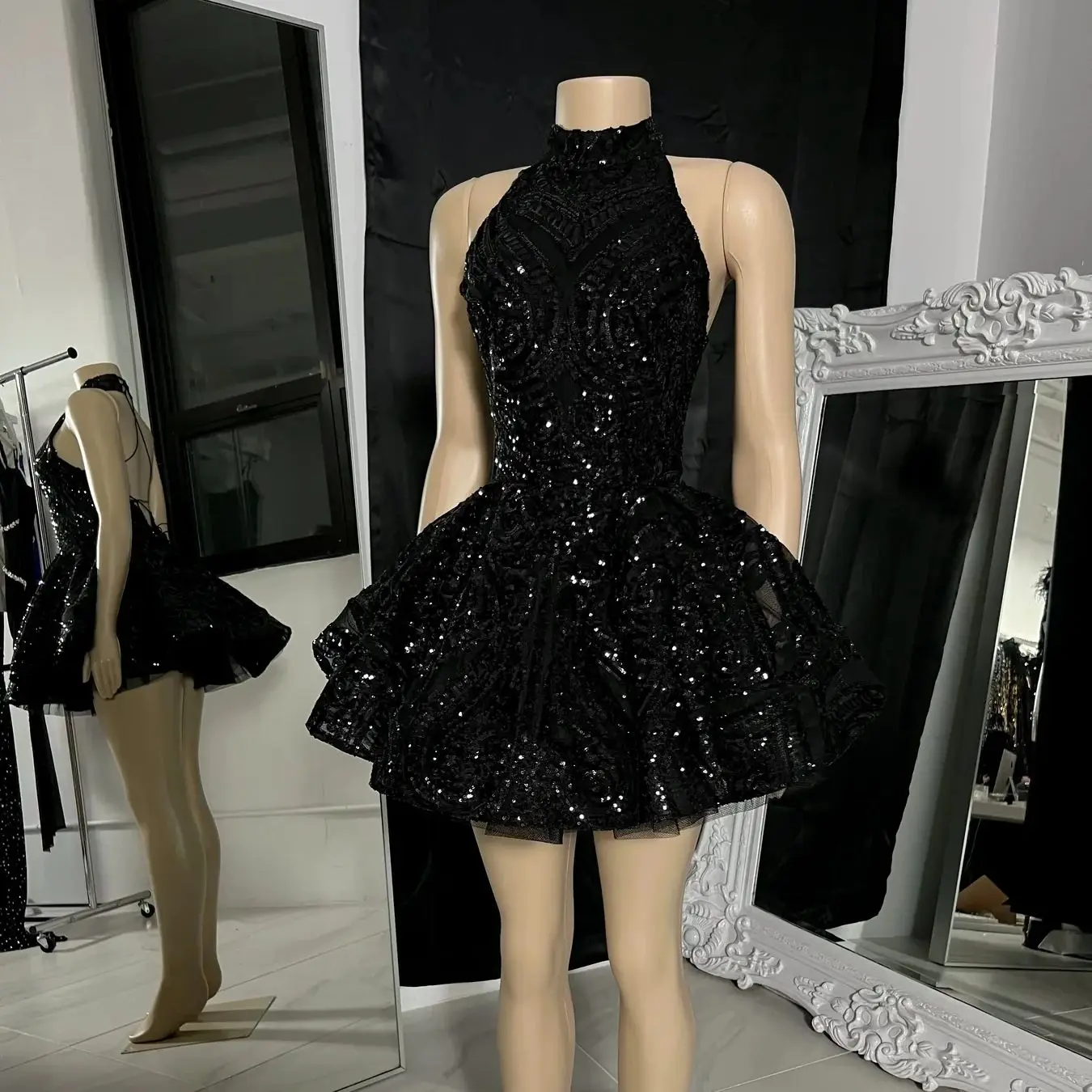 

Черные женские коктейльные платья с лямкой на шее в африканском стиле, блестящие платья для дня рождения, короткие черные платья для выпускного вечера для девочек, выпускные платья по индивидуальному заказу