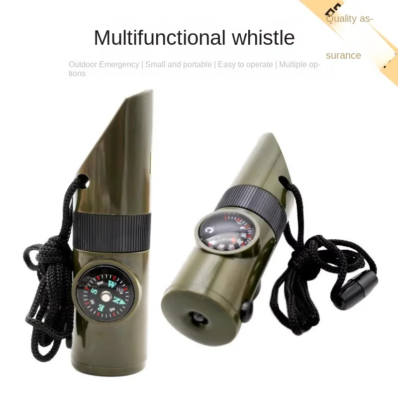 

Outdoor Survival Supplies 7-in-1 Whistle Multi-Function Portable Emergency Compass Magnifying Glass Flashlight Thermometer