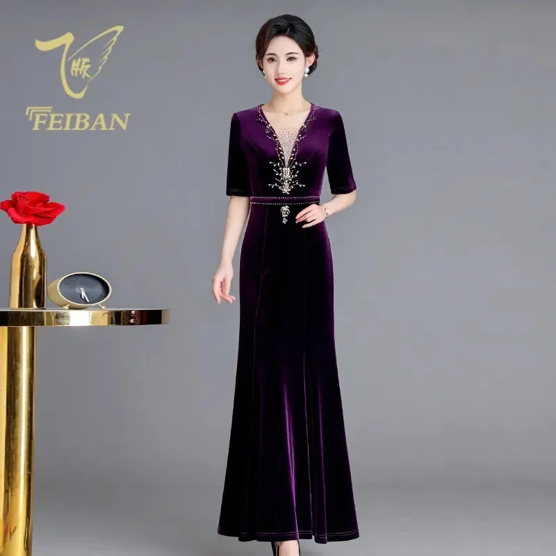 Vintage Diamonds Edding Dress 2025 Spring Attend Wedding Mother Dess Dinner Party Improved Cheongsam Short Sleeve Dresses Lady