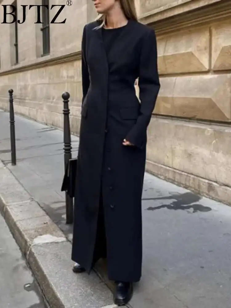 

BJTZ Fashion Versatile Single Breasted Mid-length Blazer Jacket For Women Clothing 2025 Spring Autumn Black Temperament Overcoat